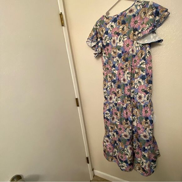 Floral print boho tiered v neck ruffle flutter sleeve purple Maxi summer Dress L - Picture 3 of 10